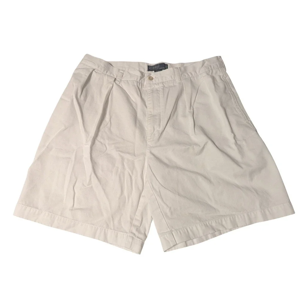 Polo Ralph Lauren Mens 38 Tyler Fit Pleated Shorts Cream White Cotton Chino